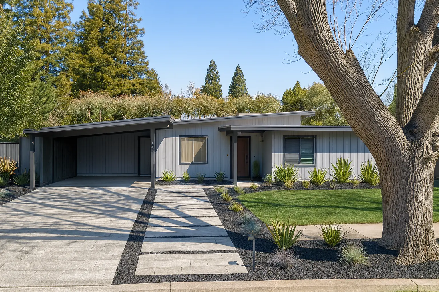 A 1950s Redwood City Eichler seen from the kerb: a low-slope roof with exposed beam ends running the width of the house, an open two-bay carport, vertical siding and a mature oak in the foreground.