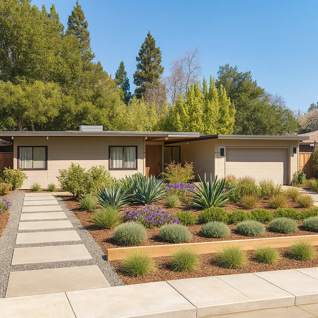A dark-stained mid-century elevation behind agave and drought planting.
