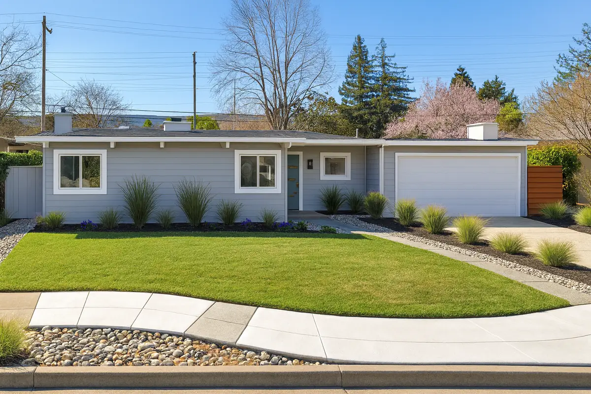 A single-storey Redwood City mid-century house with a low-slope roof, wide fascia and a mature street tree.