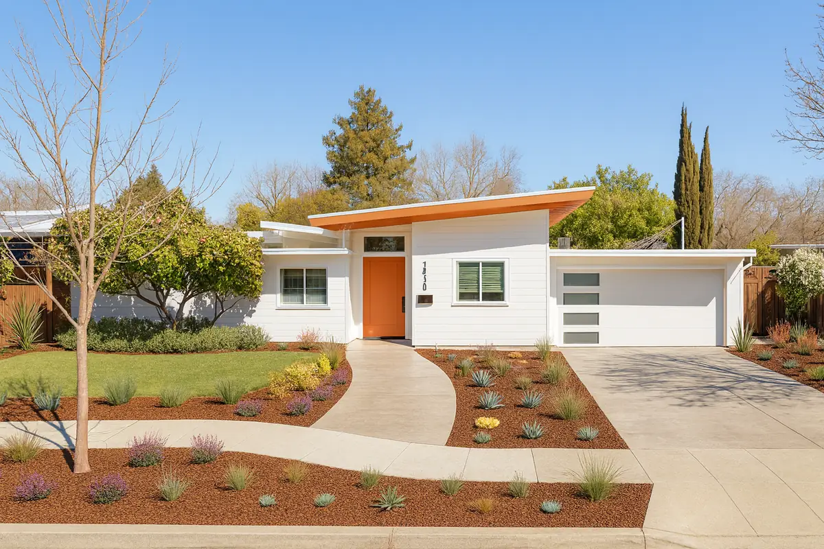 A white mid-century house with an orange-painted fascia, orange front door and a slatted garage door.