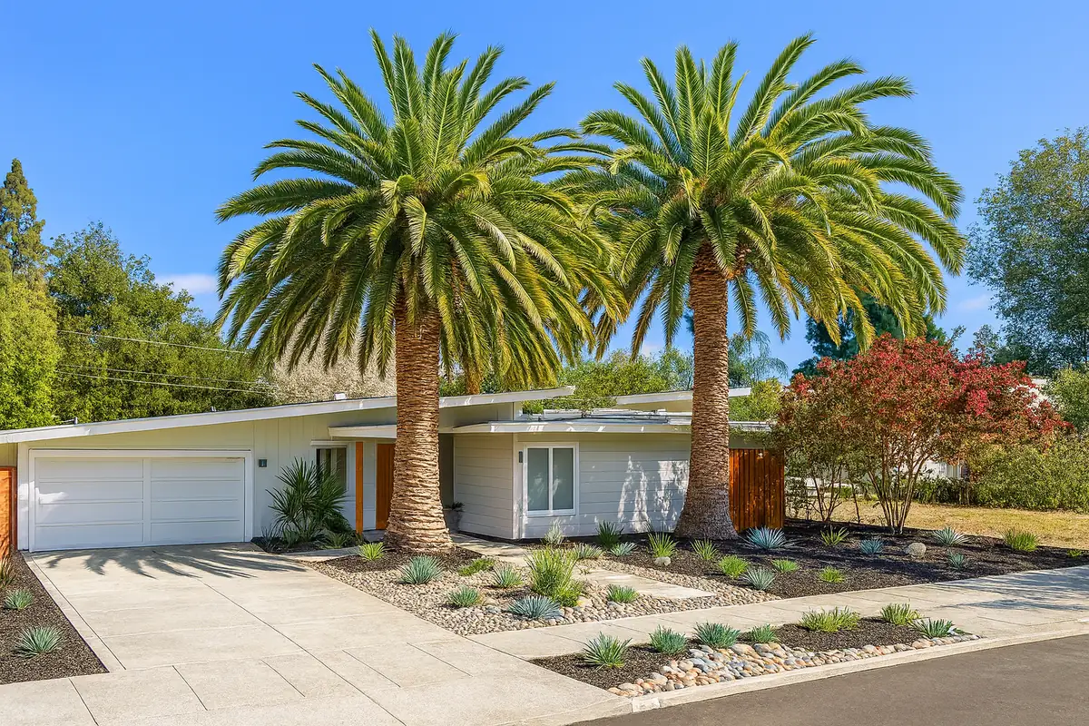 A single-storey mid-century house with a flat roof, white garage door and drought planting, behind two mature palms.