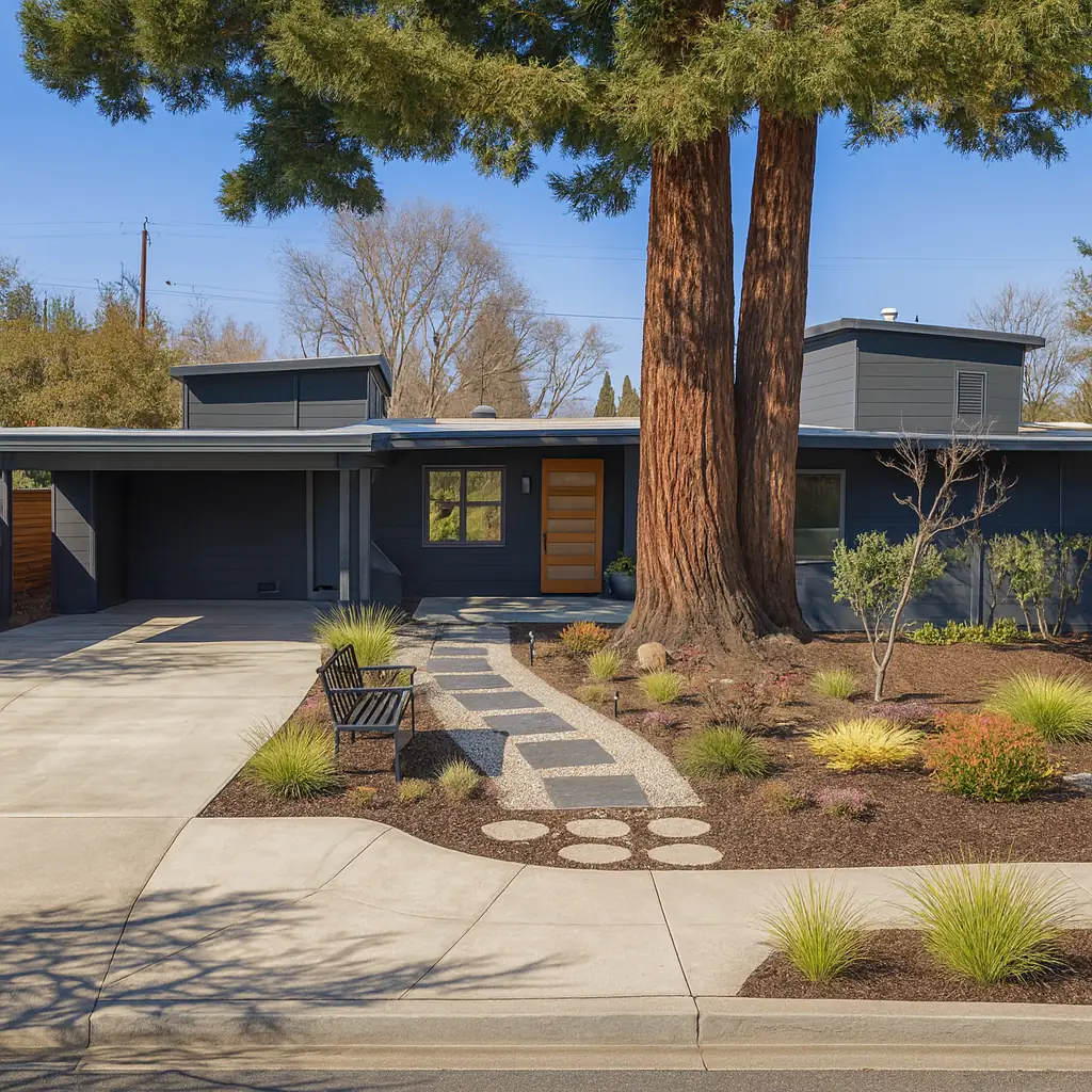 A dark-stained mid-century house with a deep carport, seen beneath two mature redwoods.