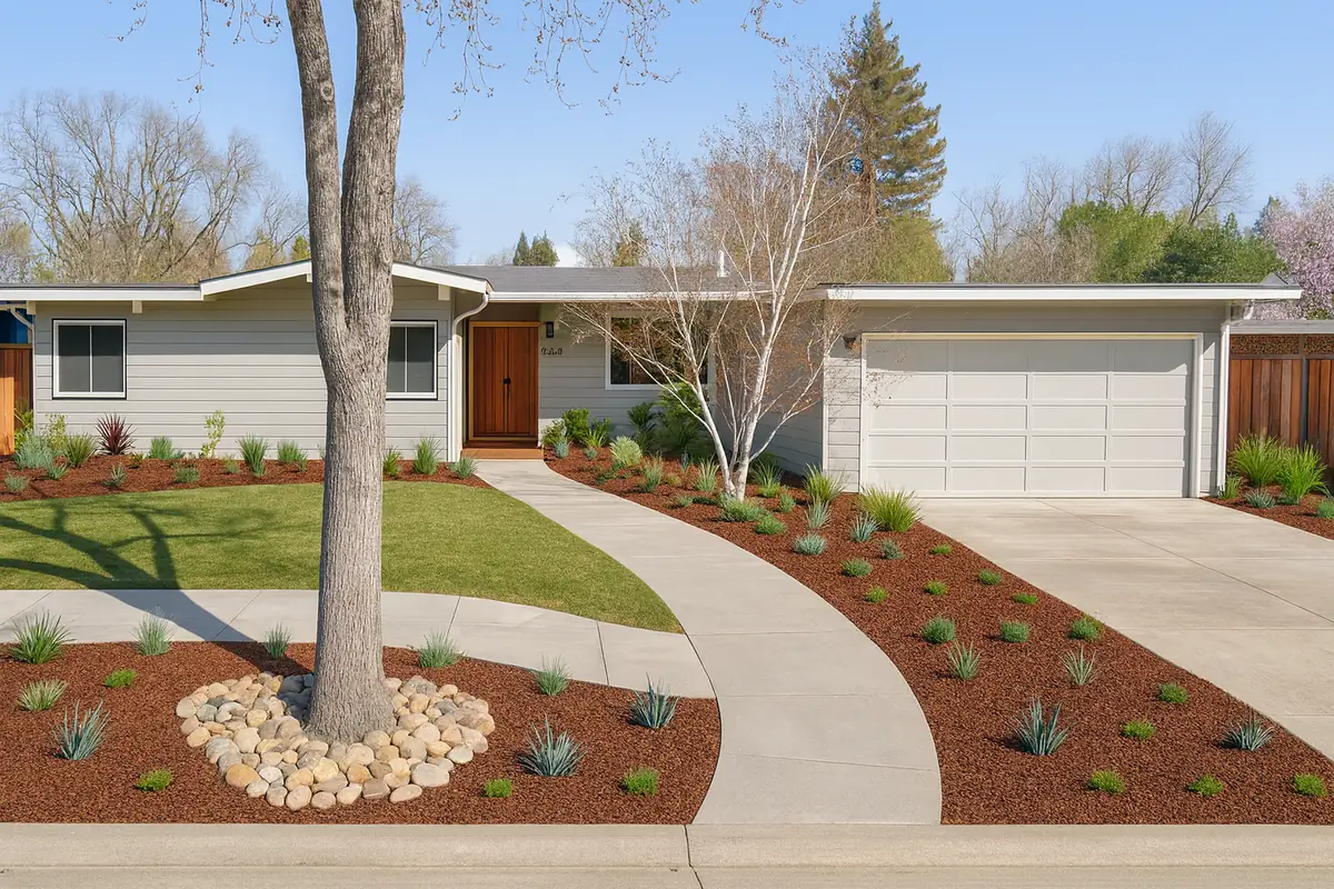 A single-storey Redwood City mid-century house with a wide, almost flat roof and a deep fascia over the garage.