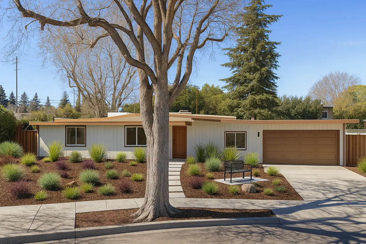 A mid-century house with a flat roof, wide fascia and a wood-panelled front door beside a white garage.